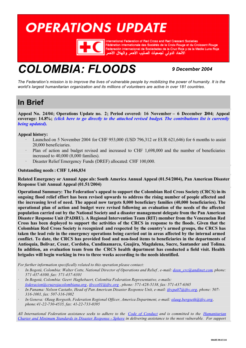 COLOMBIA: FLOODS 9 December 2004