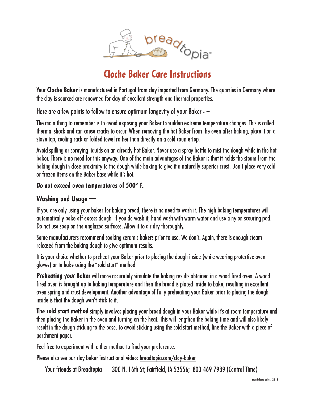 Cloche Baker Care Instructions