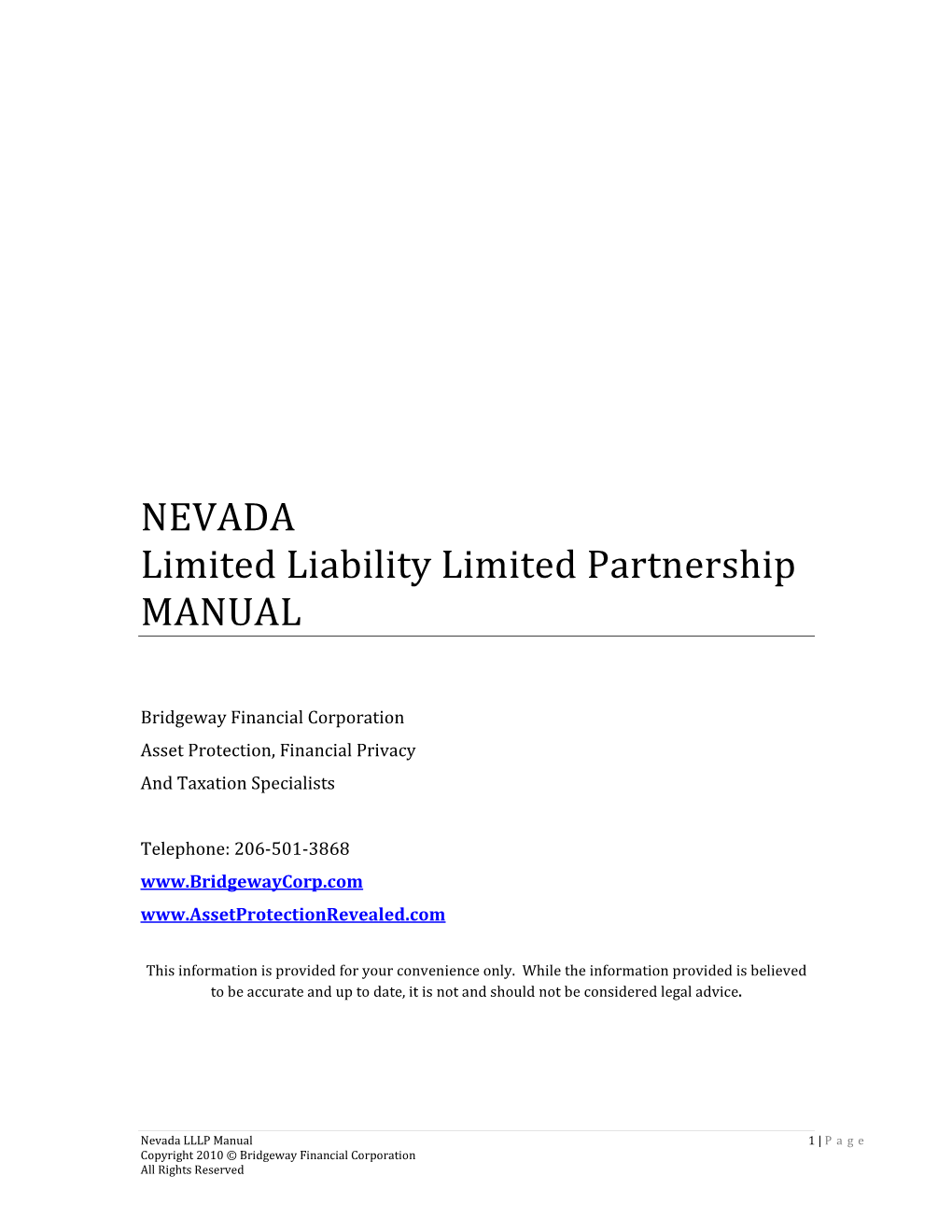 NEVADA Limited Liability Limited Partnership MANUAL