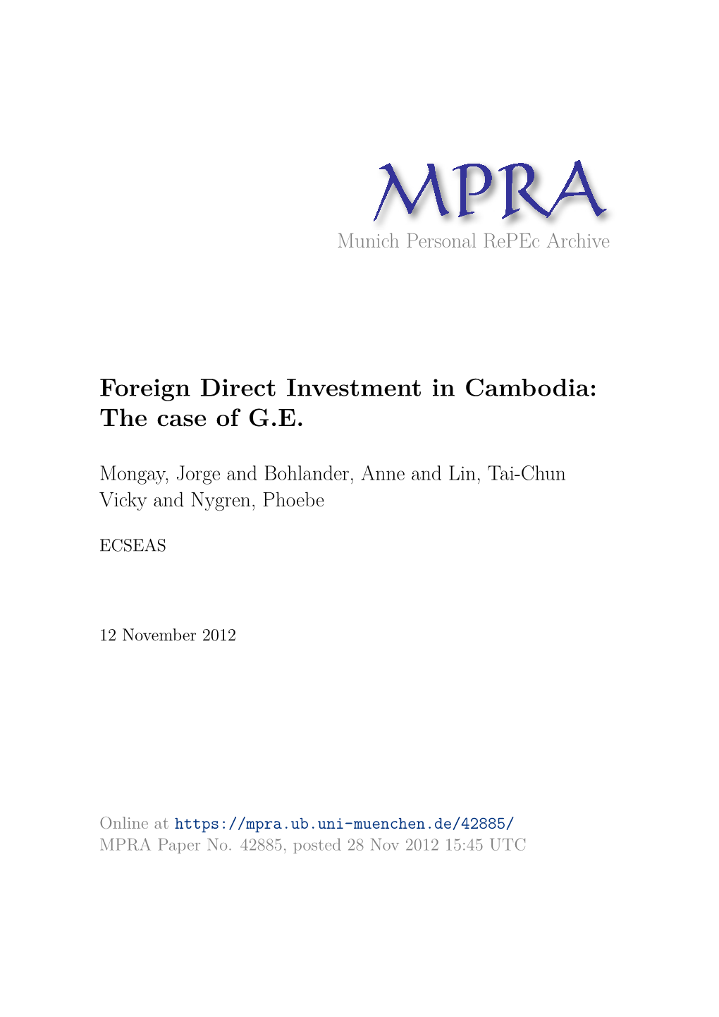 Foreign Direct Investment in Cambodia: the Case of G.E
