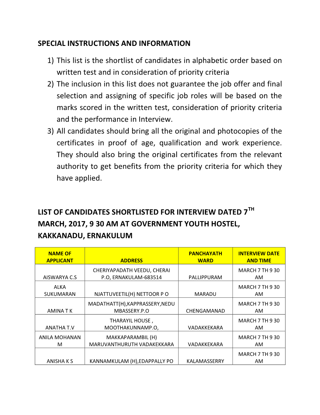 Shortlisted/Selected Candidates for the Interview for Kochi Metro