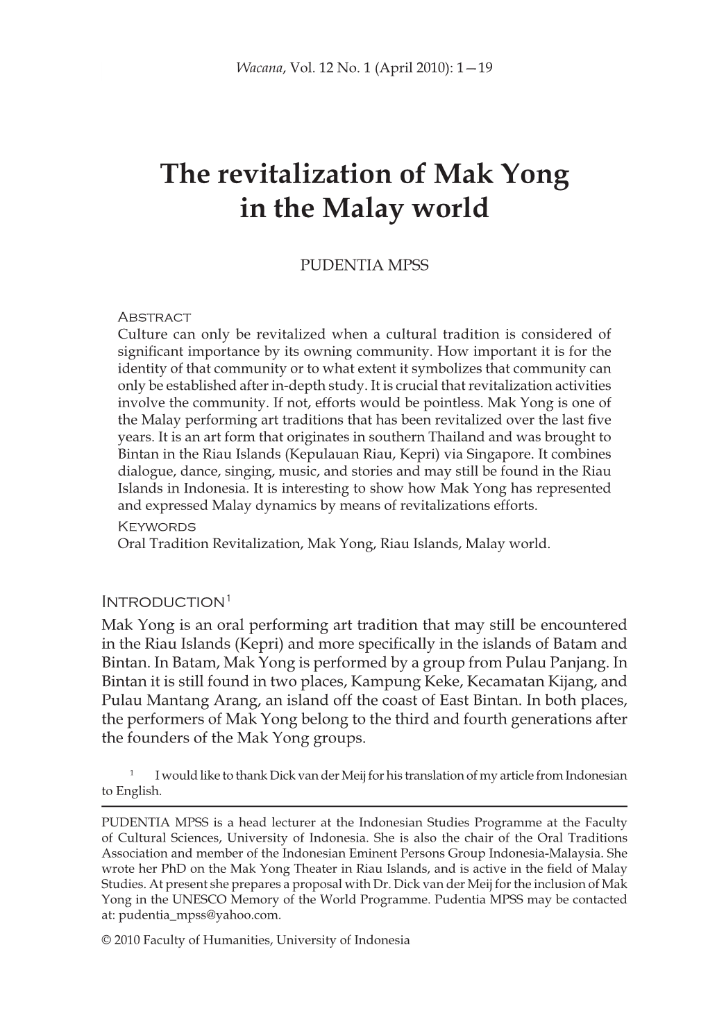 The Revitalization of Mak Yong in the Malay World