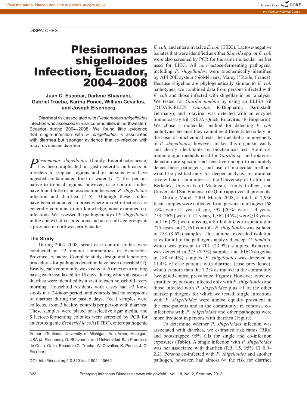 Plesiomonas Shigelloides Infection, Ecuador, 2004–2008