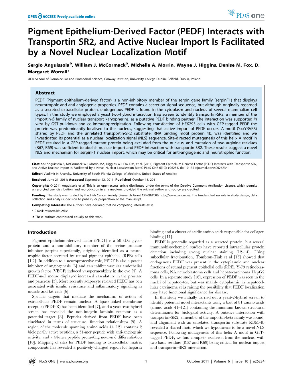 (PEDF) Interacts with Transportin SR2, and Active Nuclear Import Is Facilitated by a Novel Nuclear Localization Motif