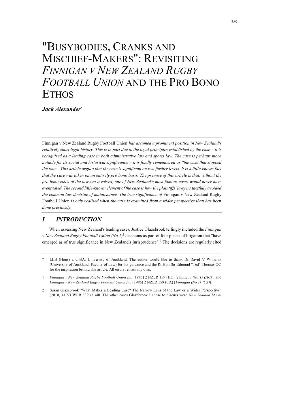 "Busybodies, Cranks and Mischief-Makers": Revisiting Finnigan V New Zealand Rugby Football Union and the Pro Bono Ethos