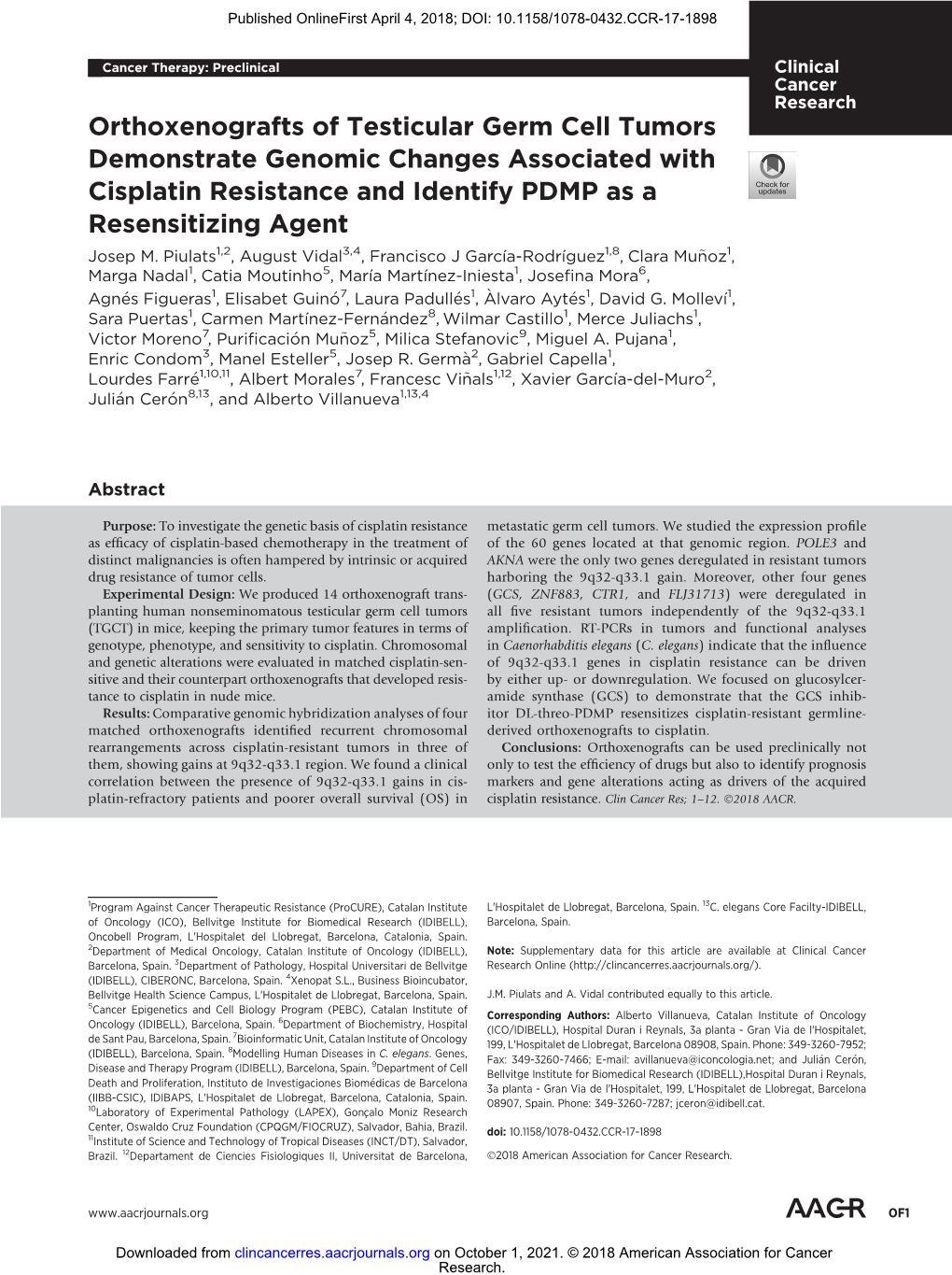 Orthoxenografts of Testicular Germ Cell Tumors Demonstrate Genomic Changes Associated with Cisplatin Resistance and Identify PDMP As a Resensitizing Agent Josep M