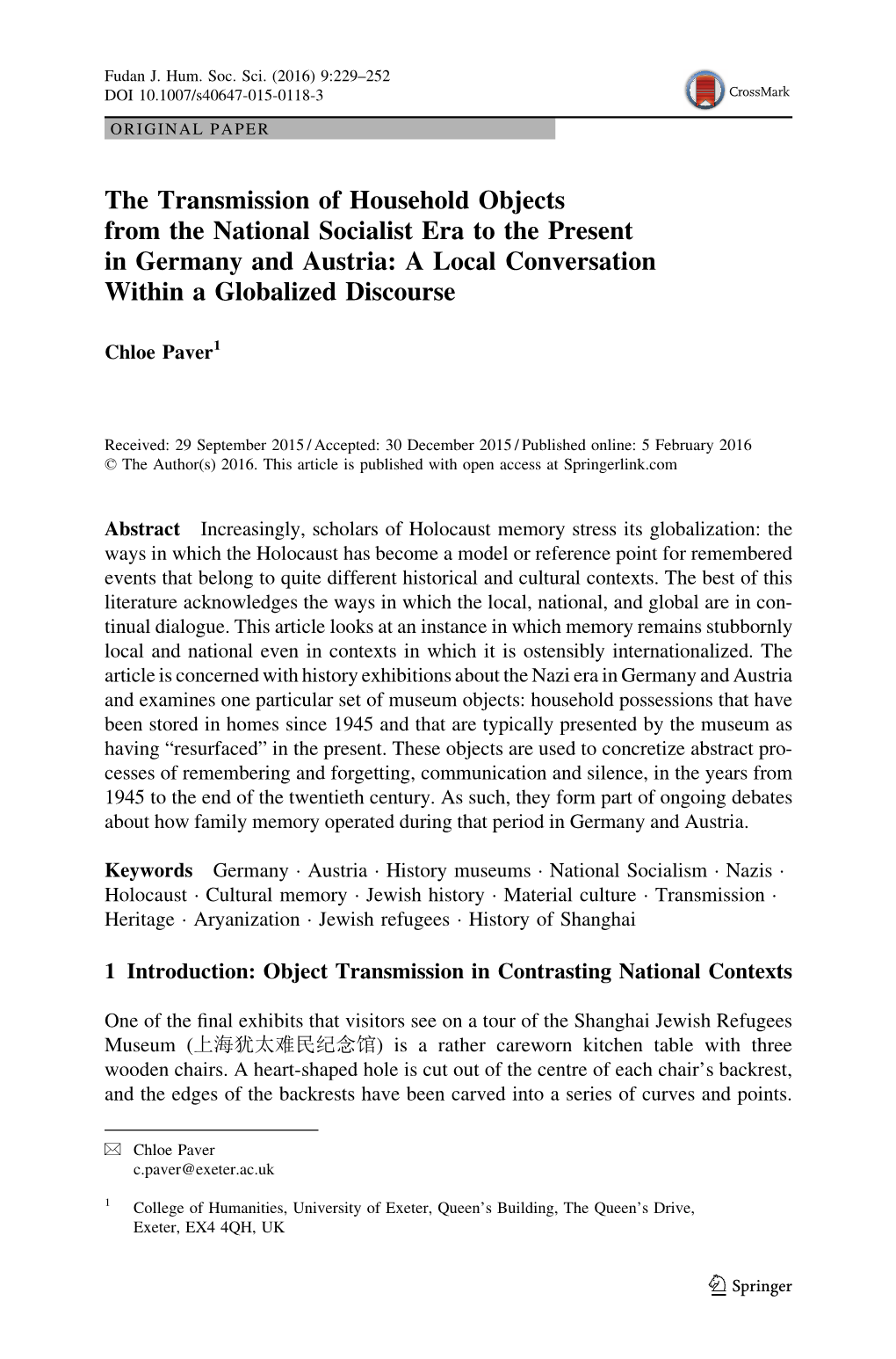 The Transmission of Household Objects from the National Socialist Era to the Present in Germany and Austria: a Local Conversation Within a Globalized Discourse