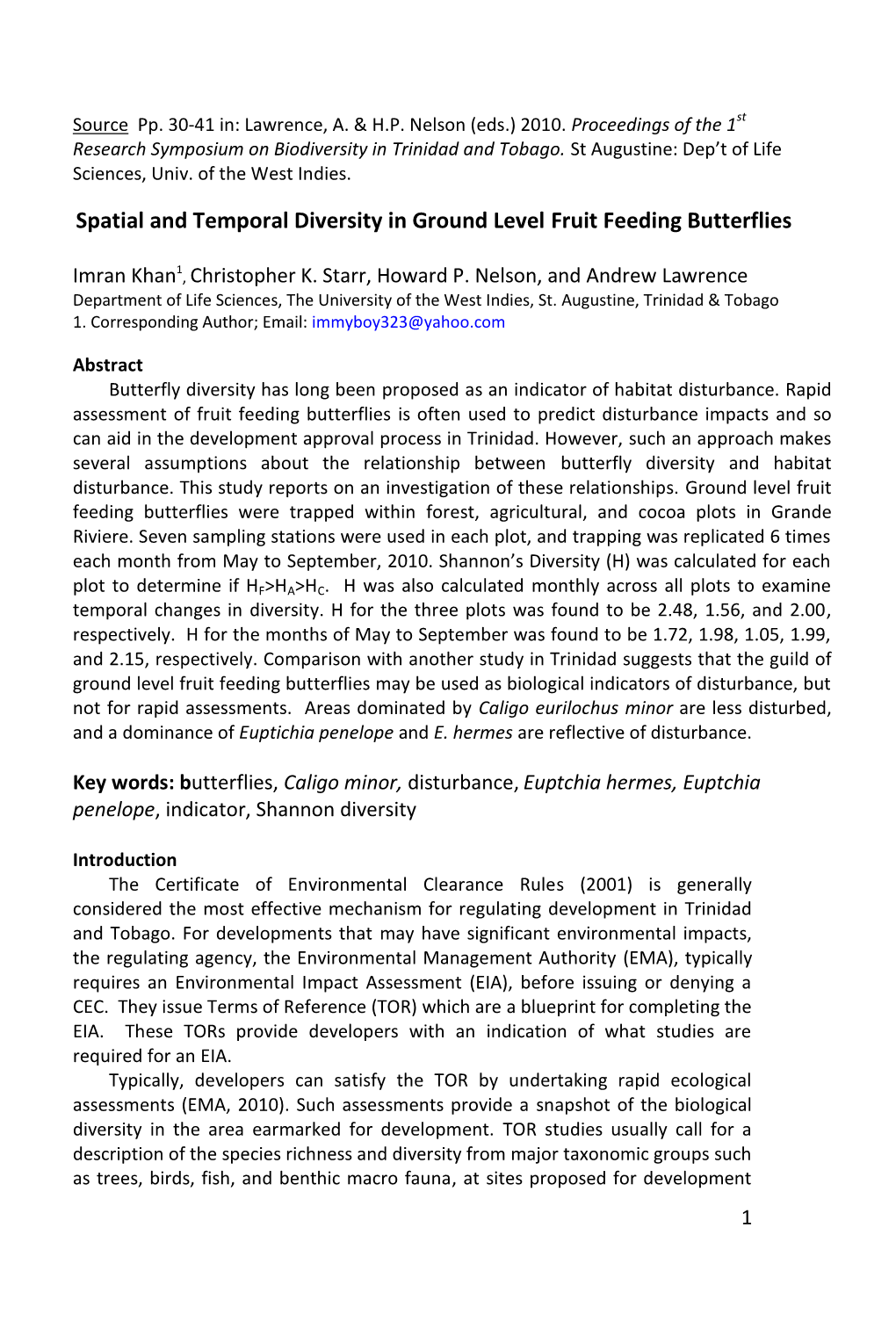 Spatial and Temporal Diversity in Ground Level Fruit Feeding Butterflies