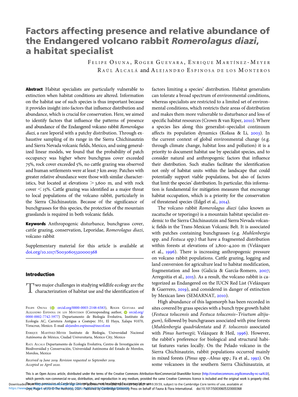 Factors Affecting Presence and Relative Abundance of the Endangered Volcano Rabbit Romerolagus Diazi, a Habitat Specialist