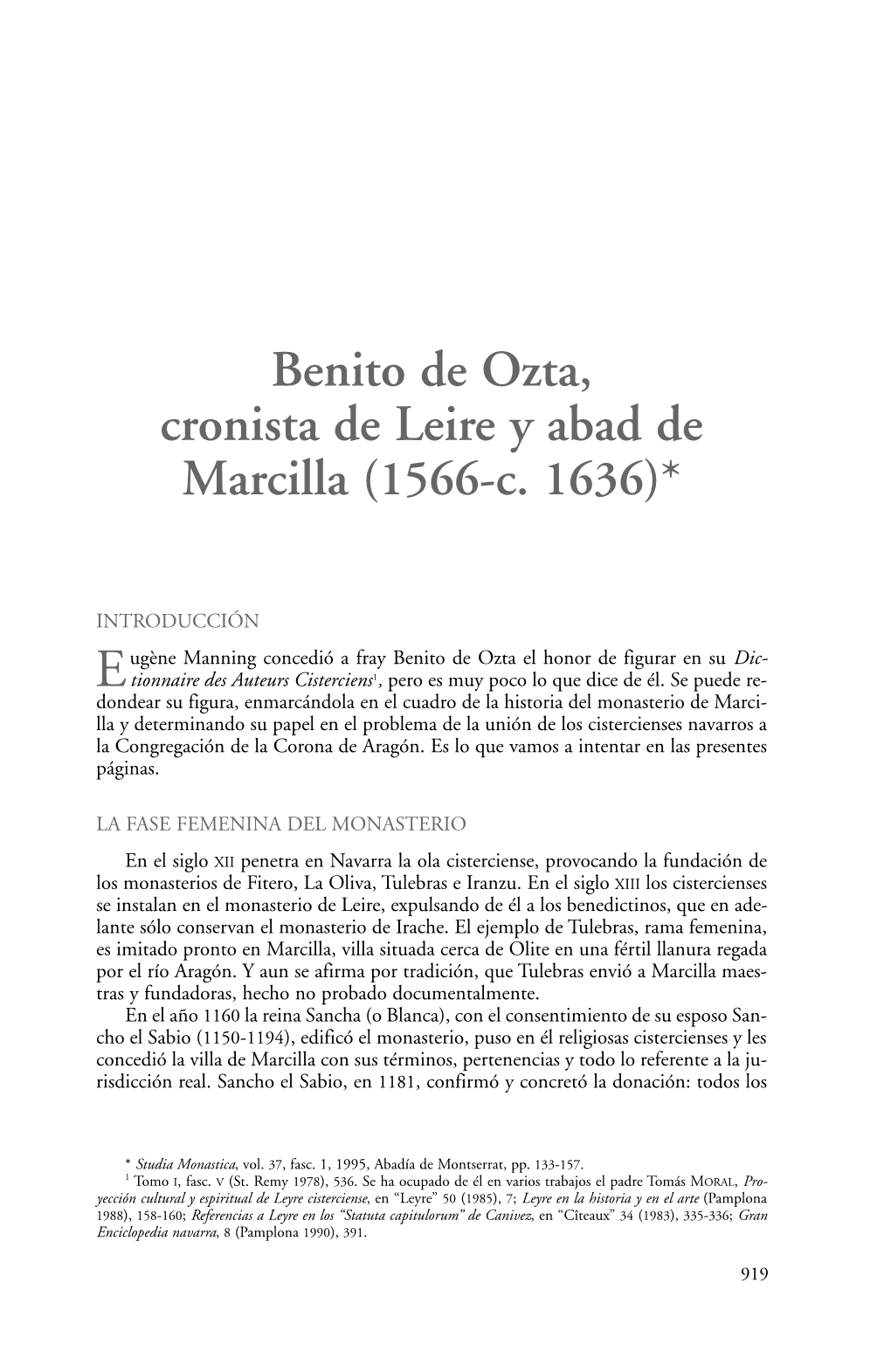Benito De Ozta, Cronista De Leire Y Abad De Marcilla (1566-C. 1636)*