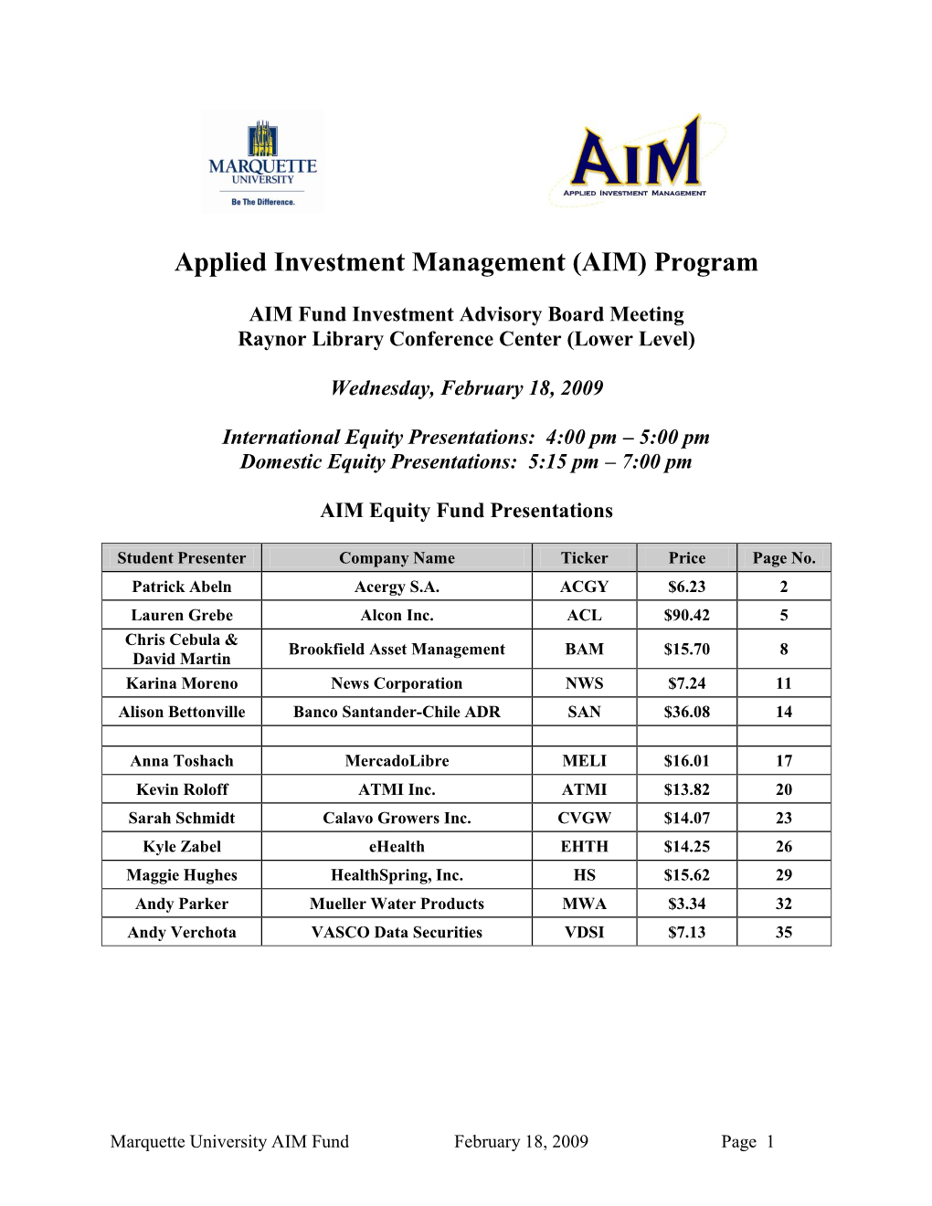 Applied Investment Management (AIM) Program