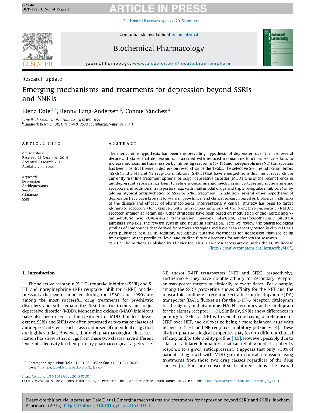 Emerging Mechanisms and Treatments for Depression Beyond Ssris and Snris