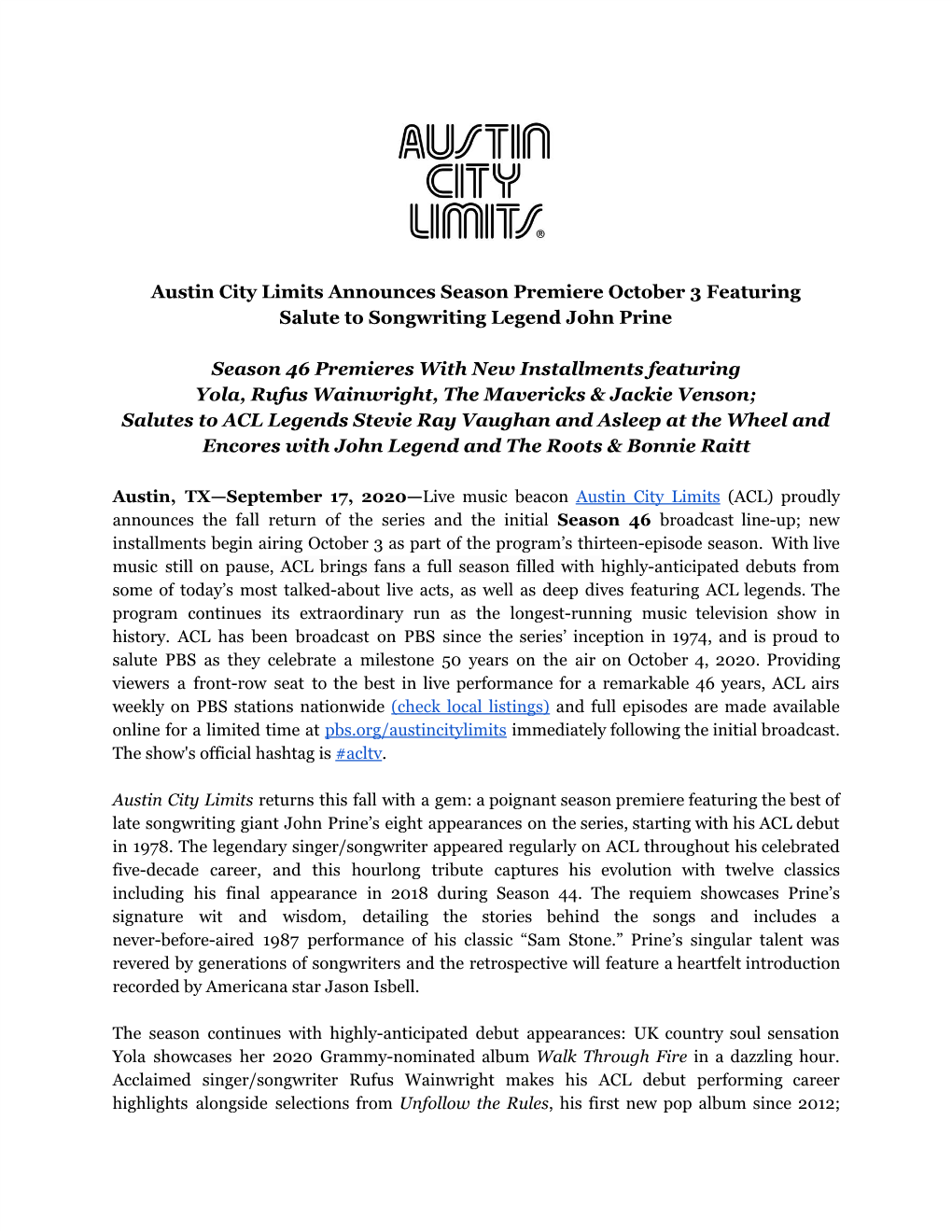 Austin City Limits Announces Season Premiere October 3 Featuring Salute to Songwriting Legend John Prine