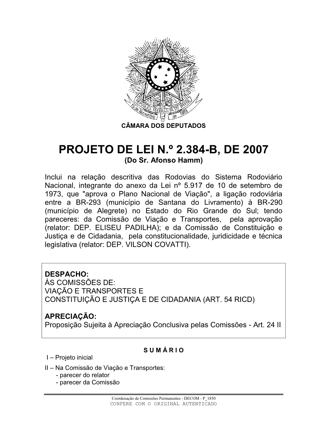 PROJETO DE LEI N.º 2.384-B, DE 2007 (Do Sr