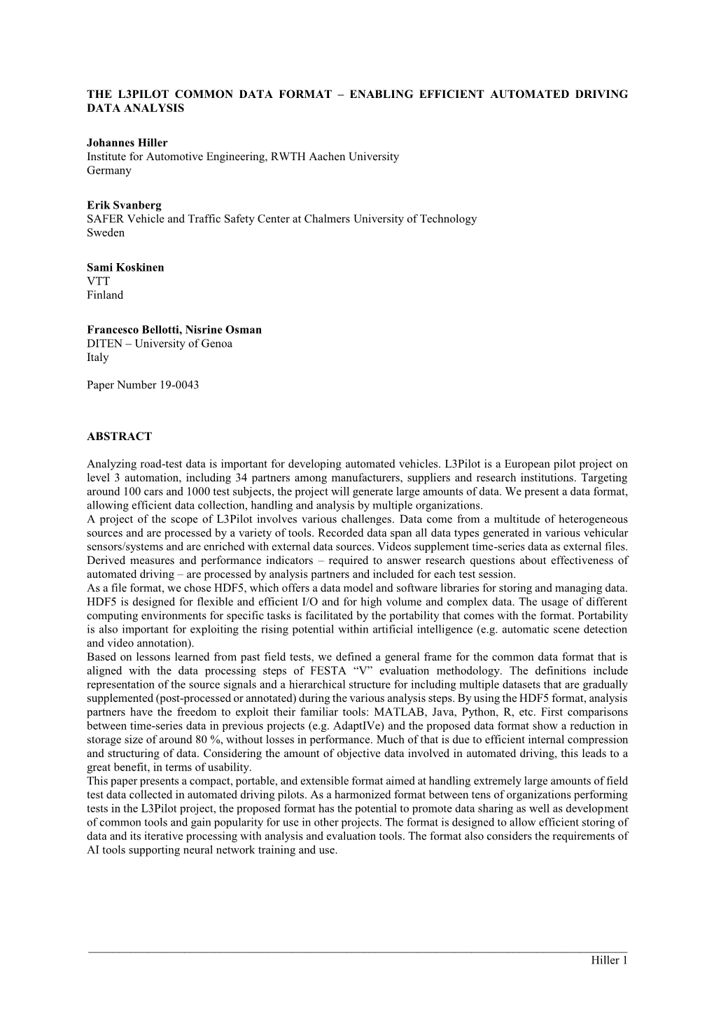 Hiller 1 the L3PILOT COMMON DATA FORM