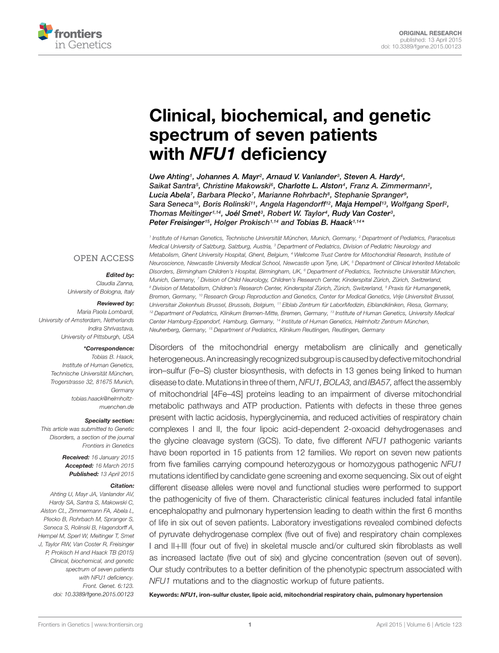 Clinical, Biochemical, and Genetic Spectrum of Seven Patients with NFU1 Deﬁciency