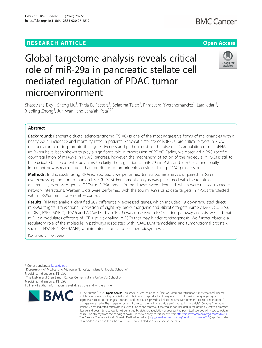 Global Targetome Analysis Reveals Critical Role of Mir-29A in Pancreatic Stellate Cell Mediated Regulation of PDAC Tumor Microen
