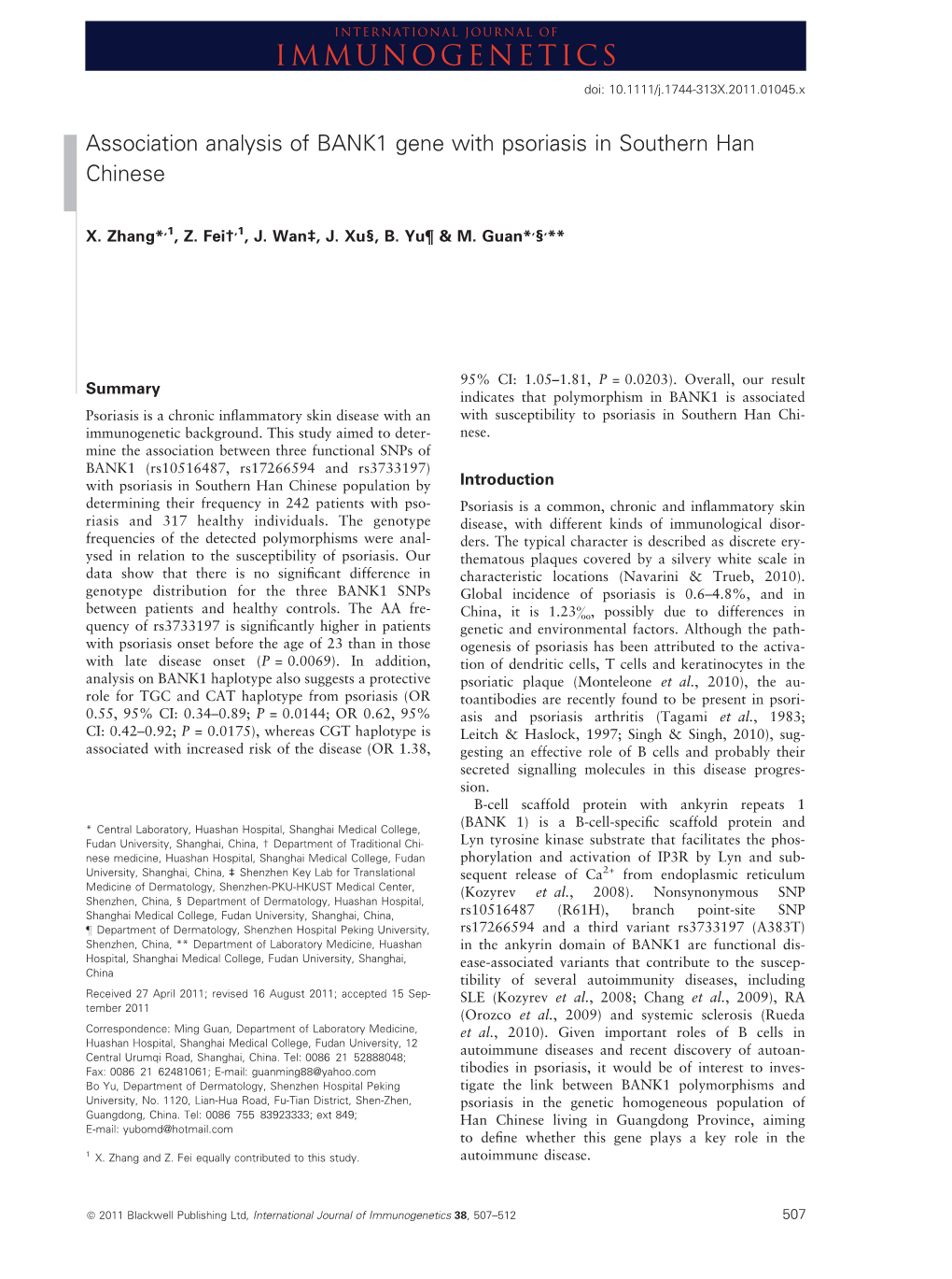 Association Analysis of BANK1 Gene with Psoriasis in Southern Han Chinese