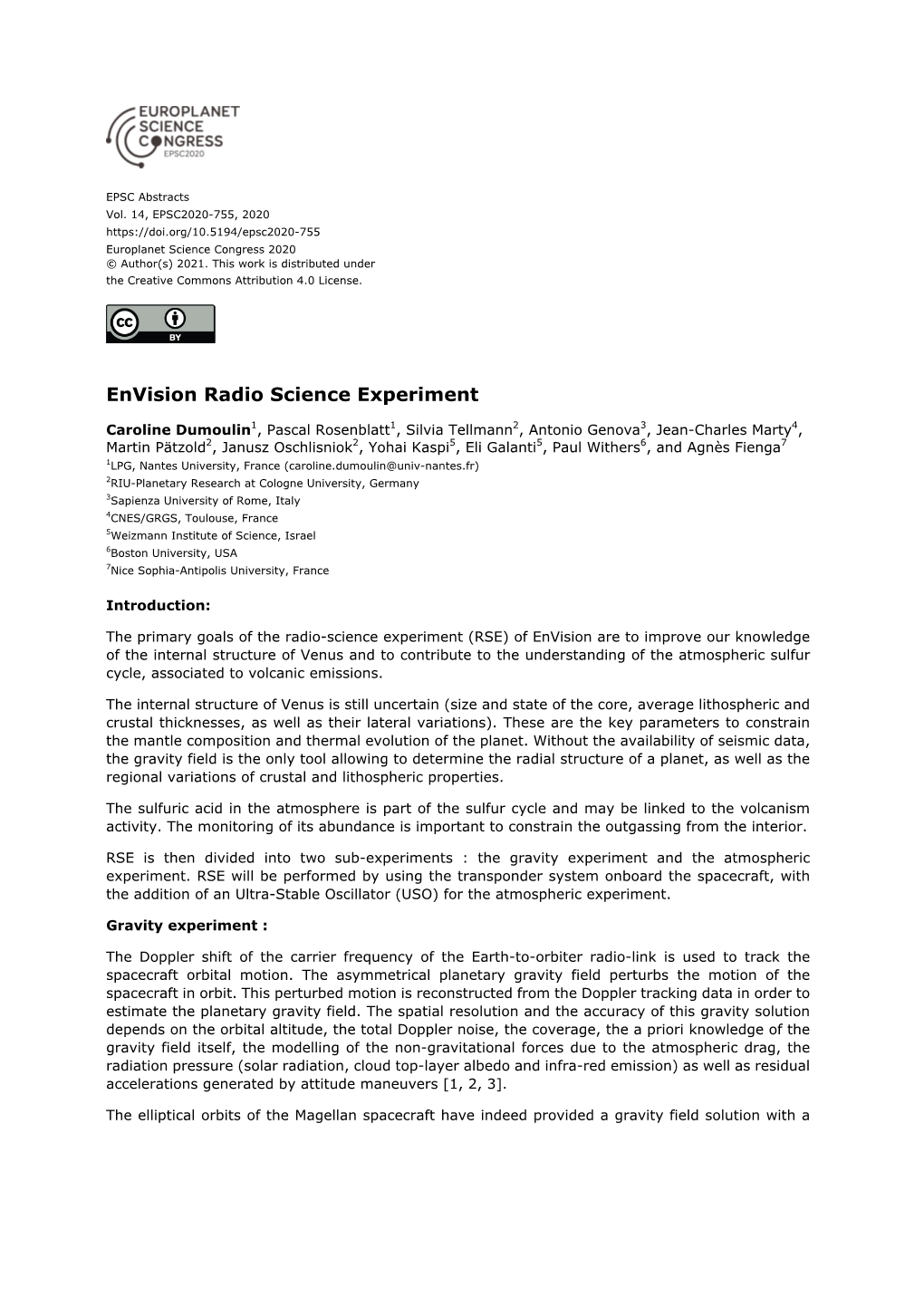 Envision Radio Science Experiment