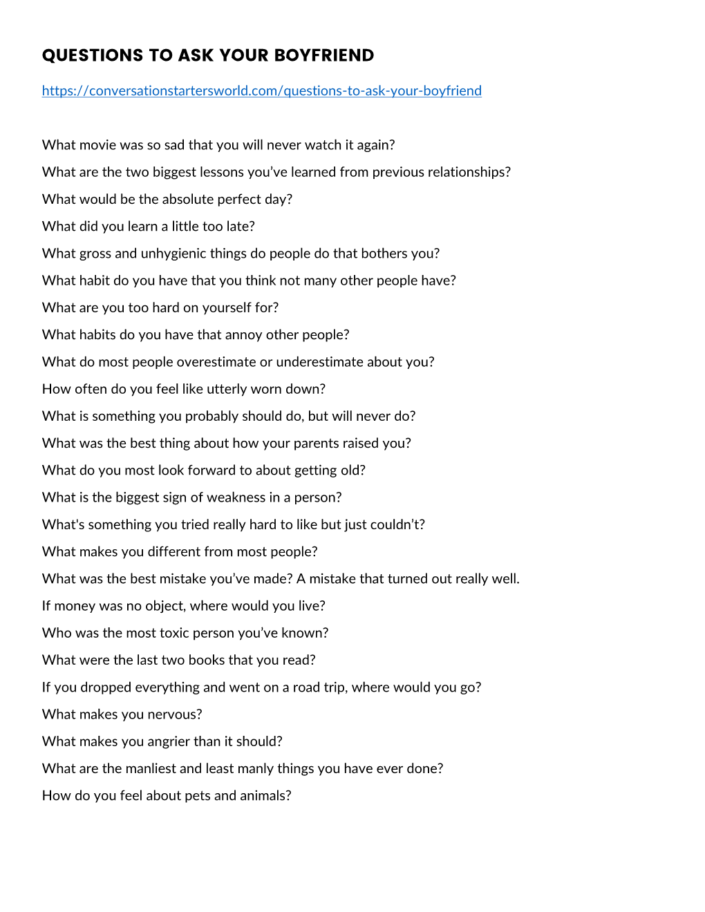 PDF of All of Our Questions to Ask Your Boyfriend