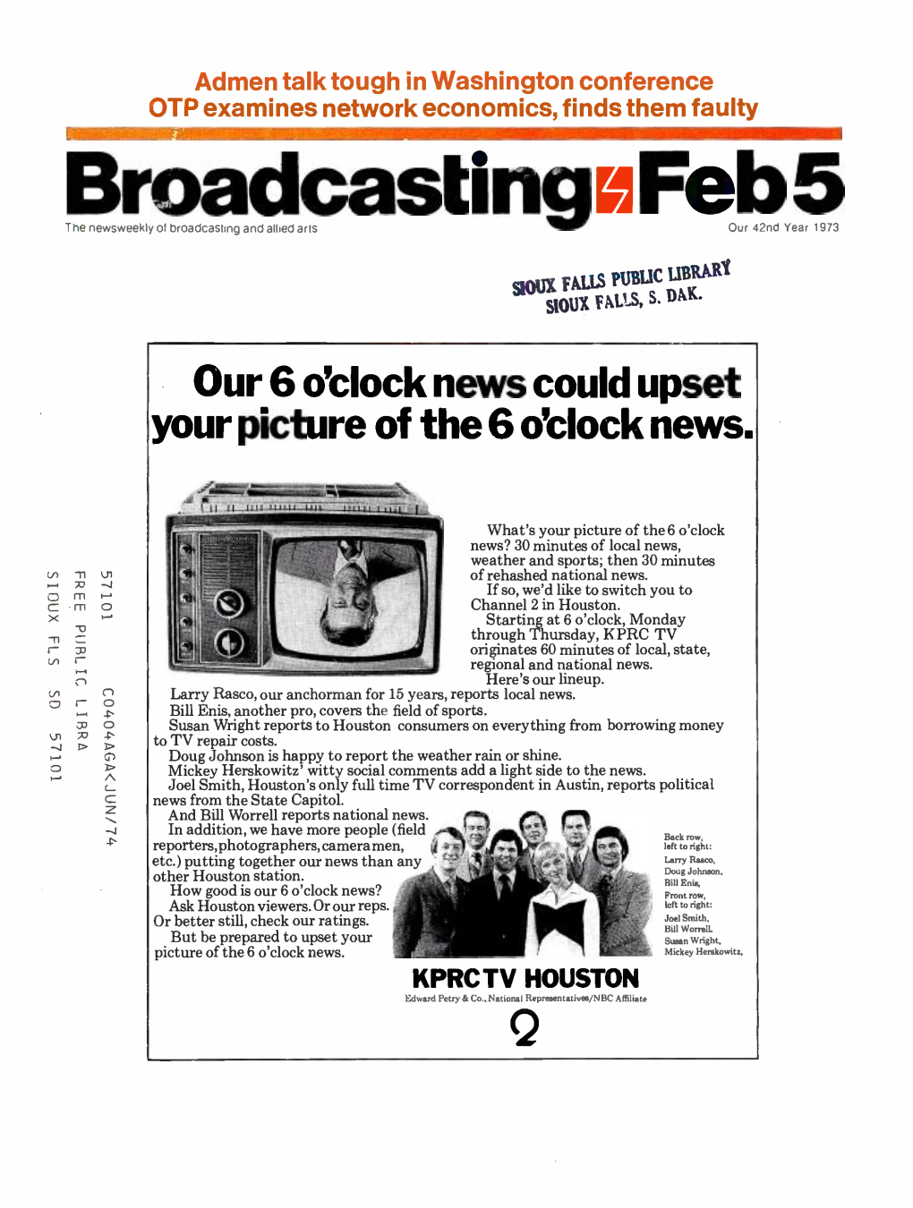 Broadcasting E 1973 the Newsweekly of Broadcasting and Allied Arts Our 42Nd Year