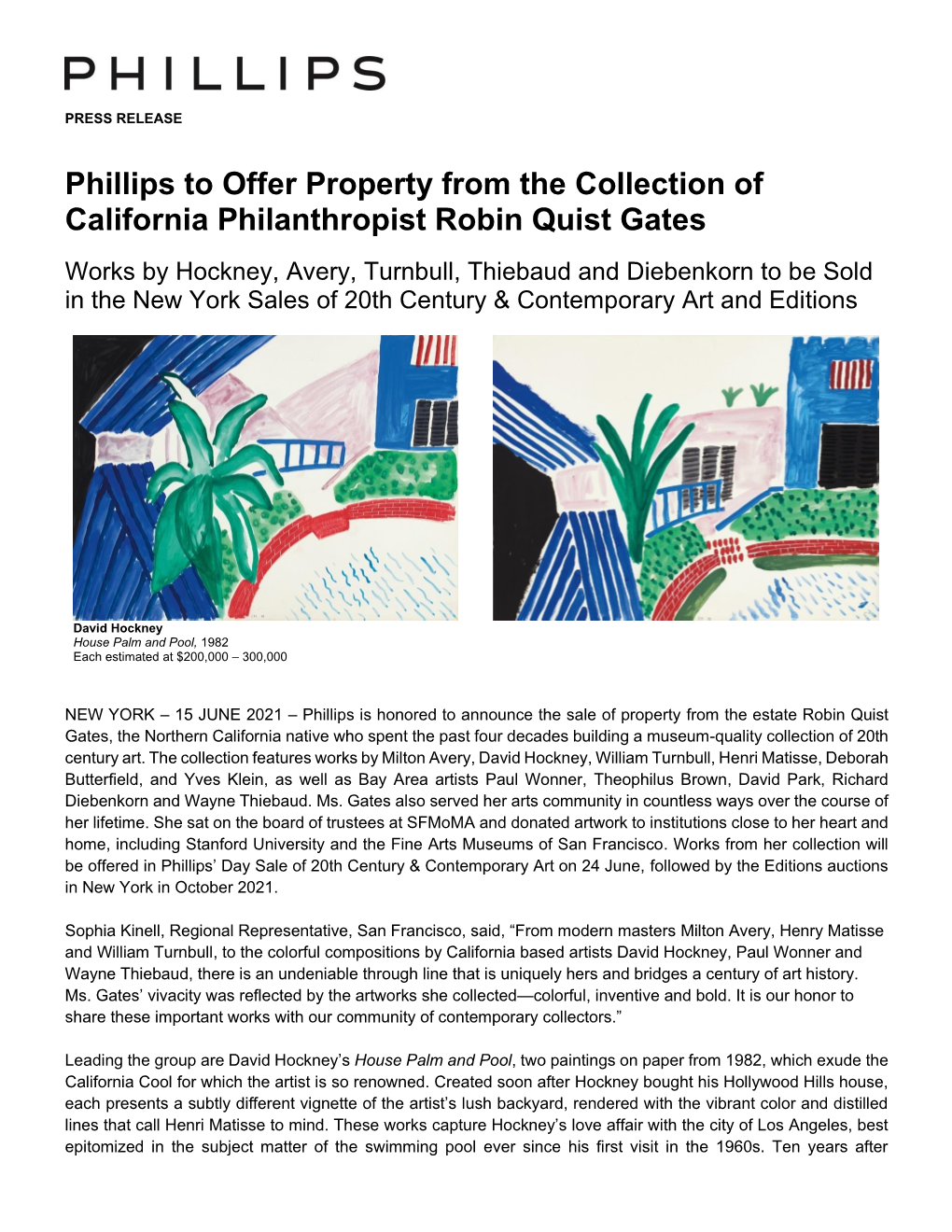 Phillips to Offer Property from the Collection of California Philanthropist Robin Quist Gates