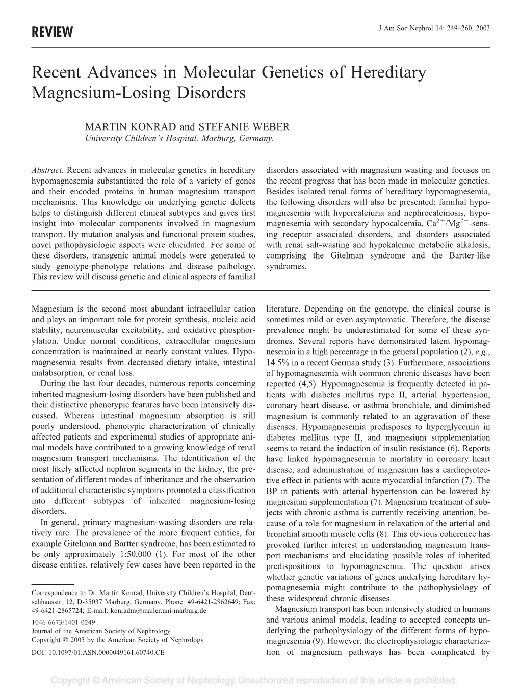 Recent Advances in Molecular Genetics of Hereditary Magnesium-Losing Disorders