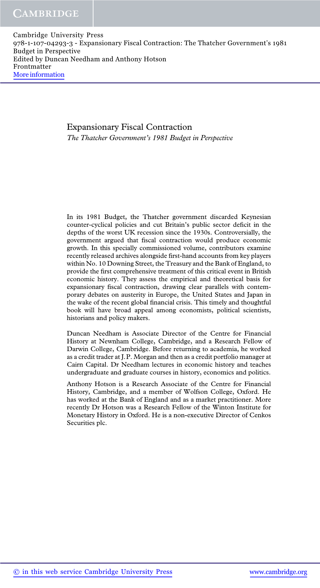 Expansionary Fiscal Contraction: the Thatcher Government’S 1981 Budget in Perspective Edited by Duncan Needham and Anthony Hotson Frontmatter More Information