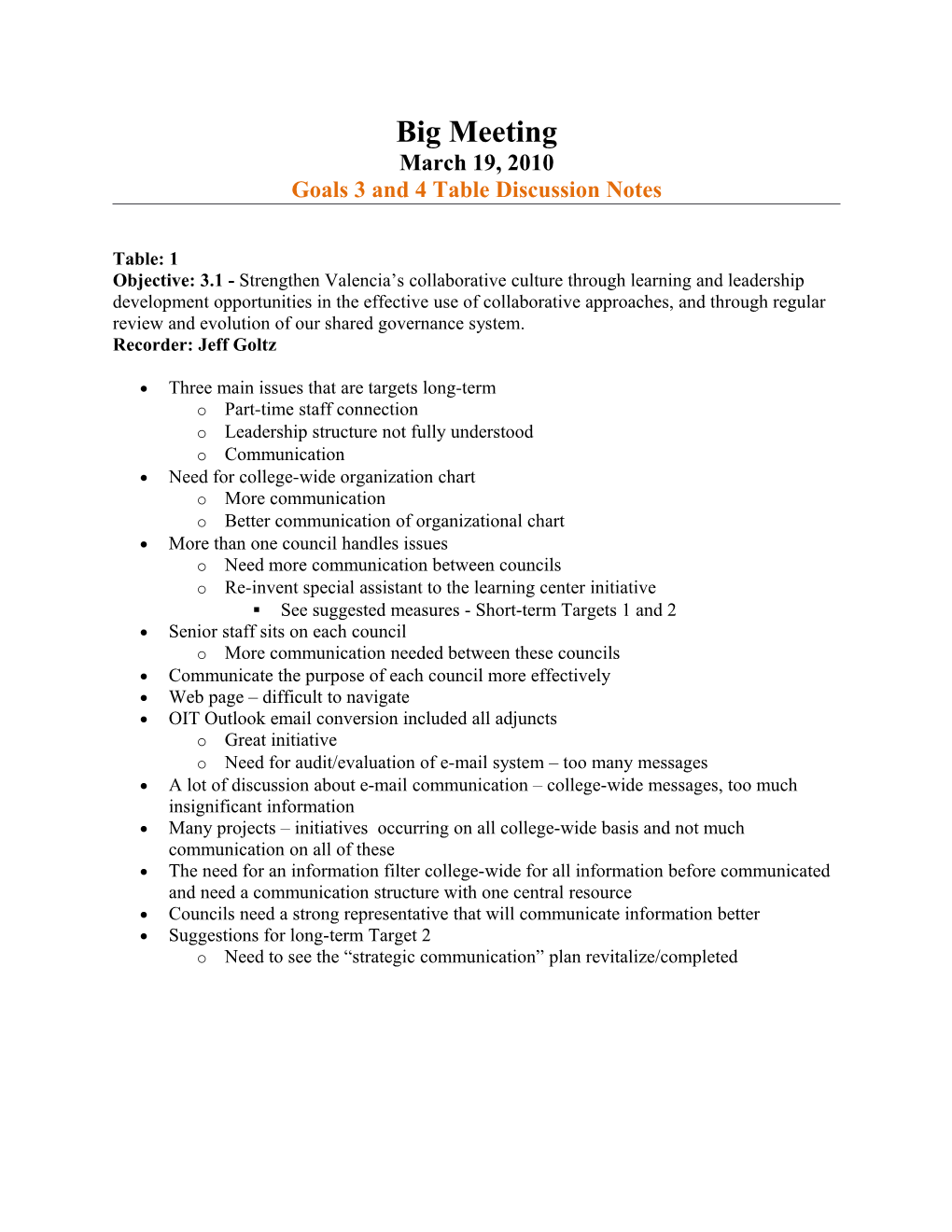 Goals 3 and 4 Table Discussion Notes