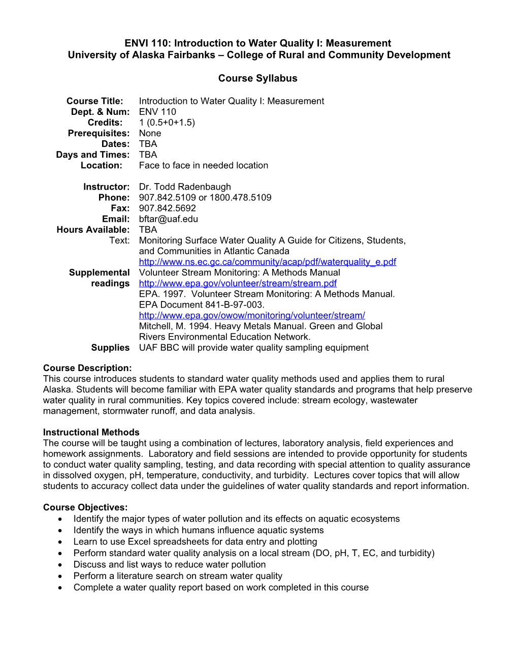 Introduction to Water Quality SCIA 193 (1 Credit)