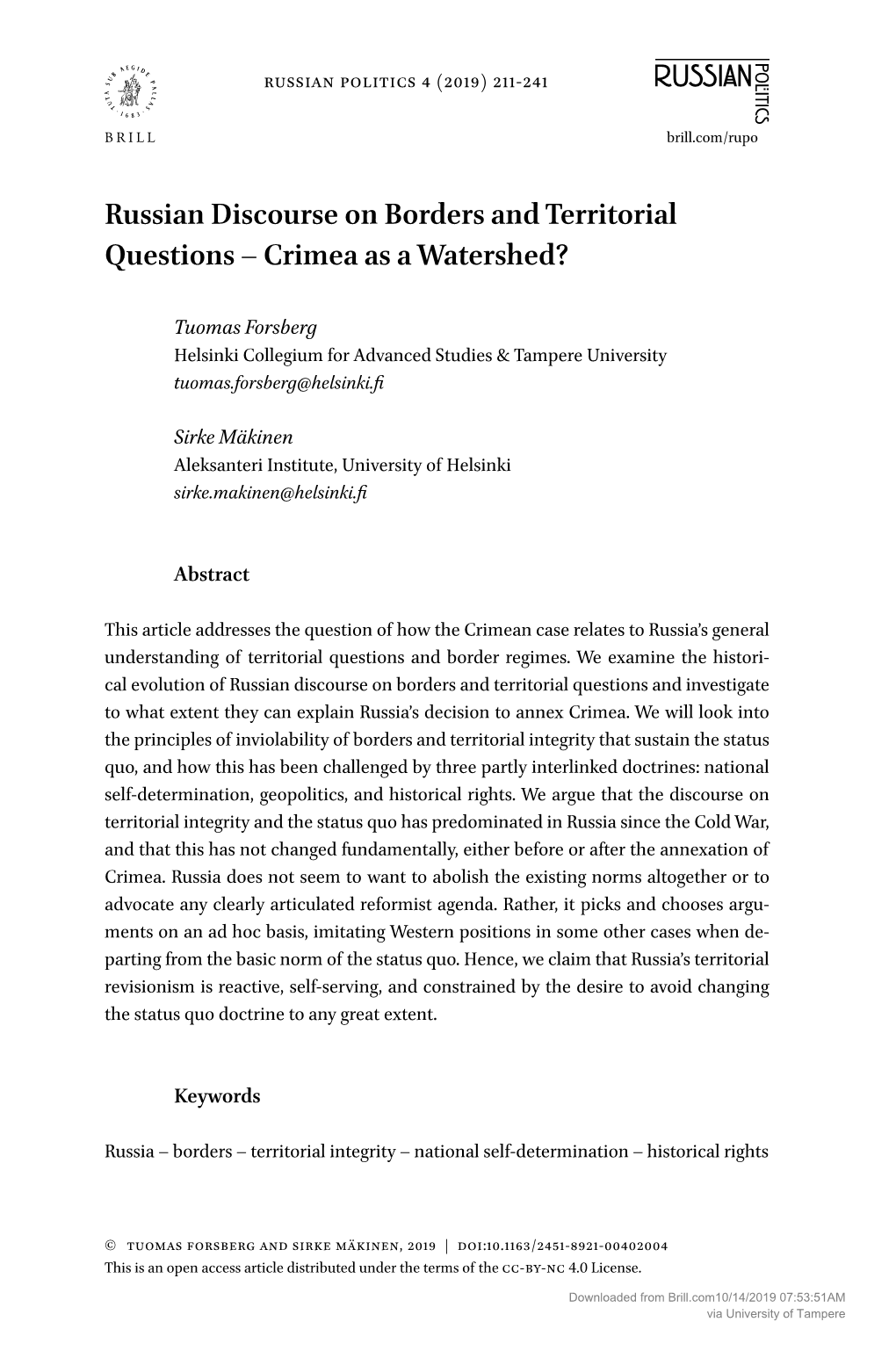 Russian Discourse on Borders and Territorial Questions – Crimea As a Watershed?