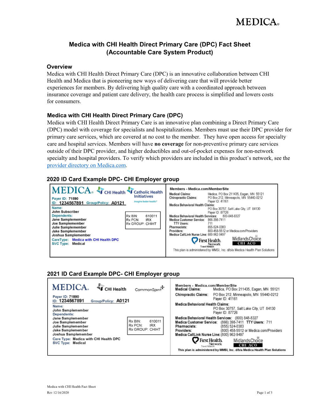 Medica with CHI Health Direct Primary Care (DPC) Fact Sheet (Accountable Care System Product)