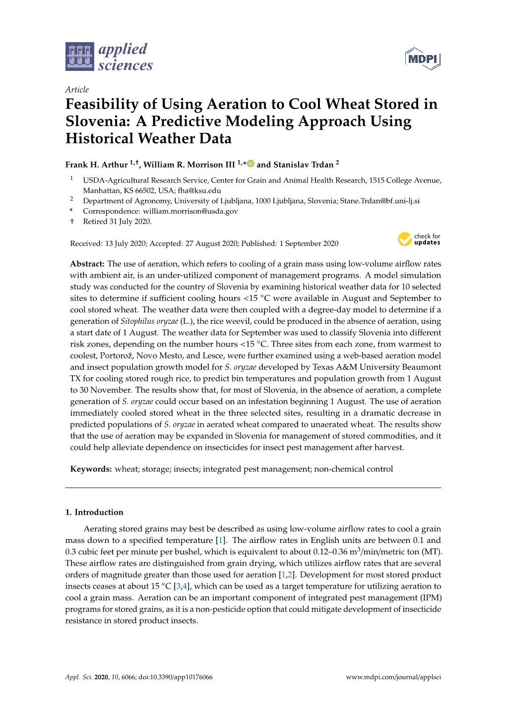 Feasibility of Using Aeration to Cool Wheat Stored in Slovenia: a Predictive Modeling Approach Using Historical Weather Data