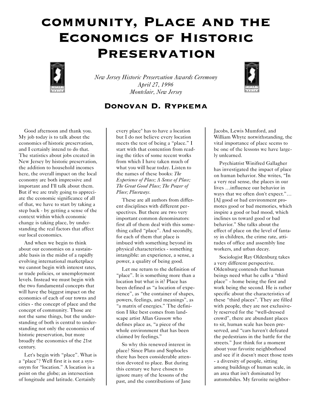 Community, Place and the Economics of Historic Preservation