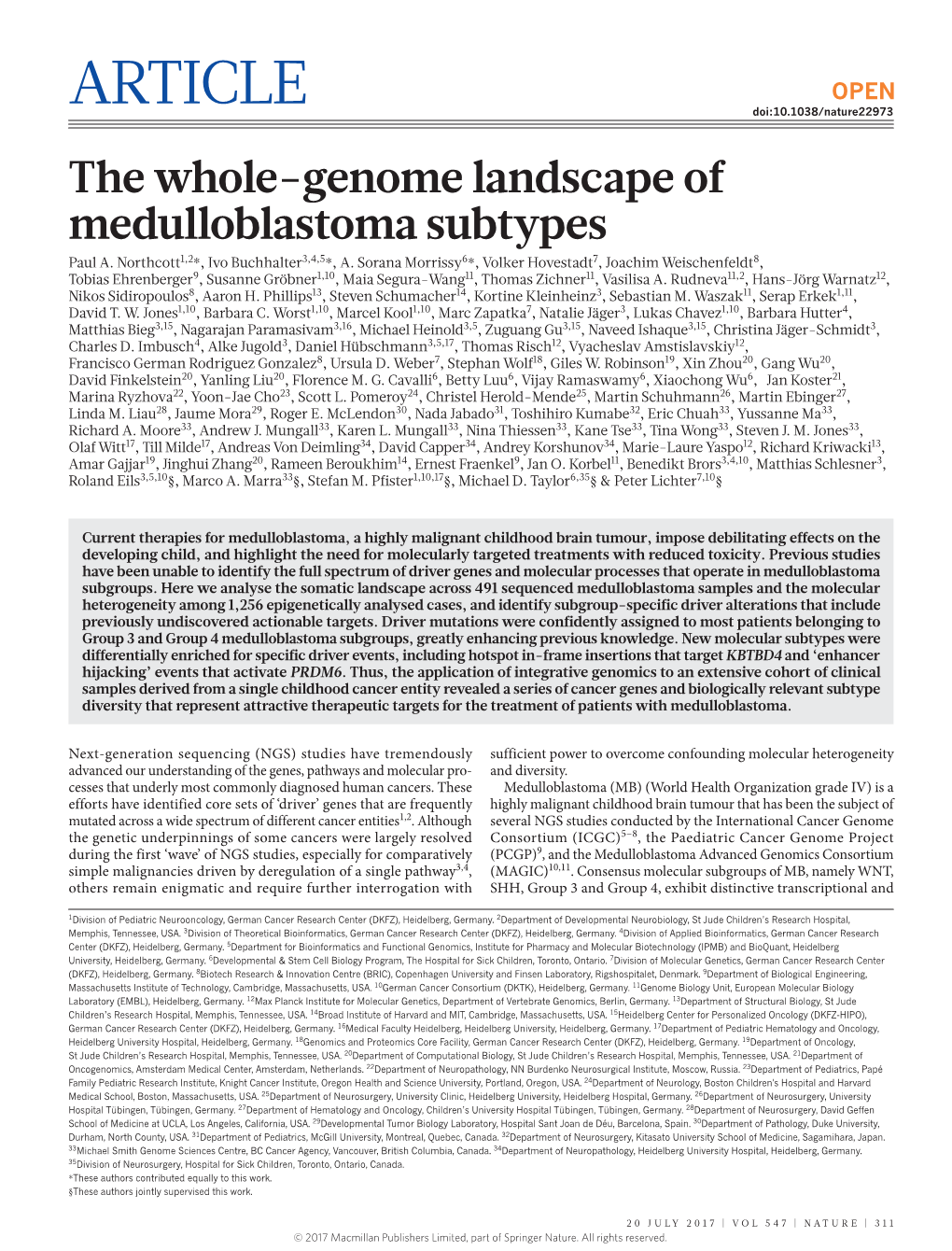 The Whole-Genome Landscape of Medulloblastoma Subtypes Paul A