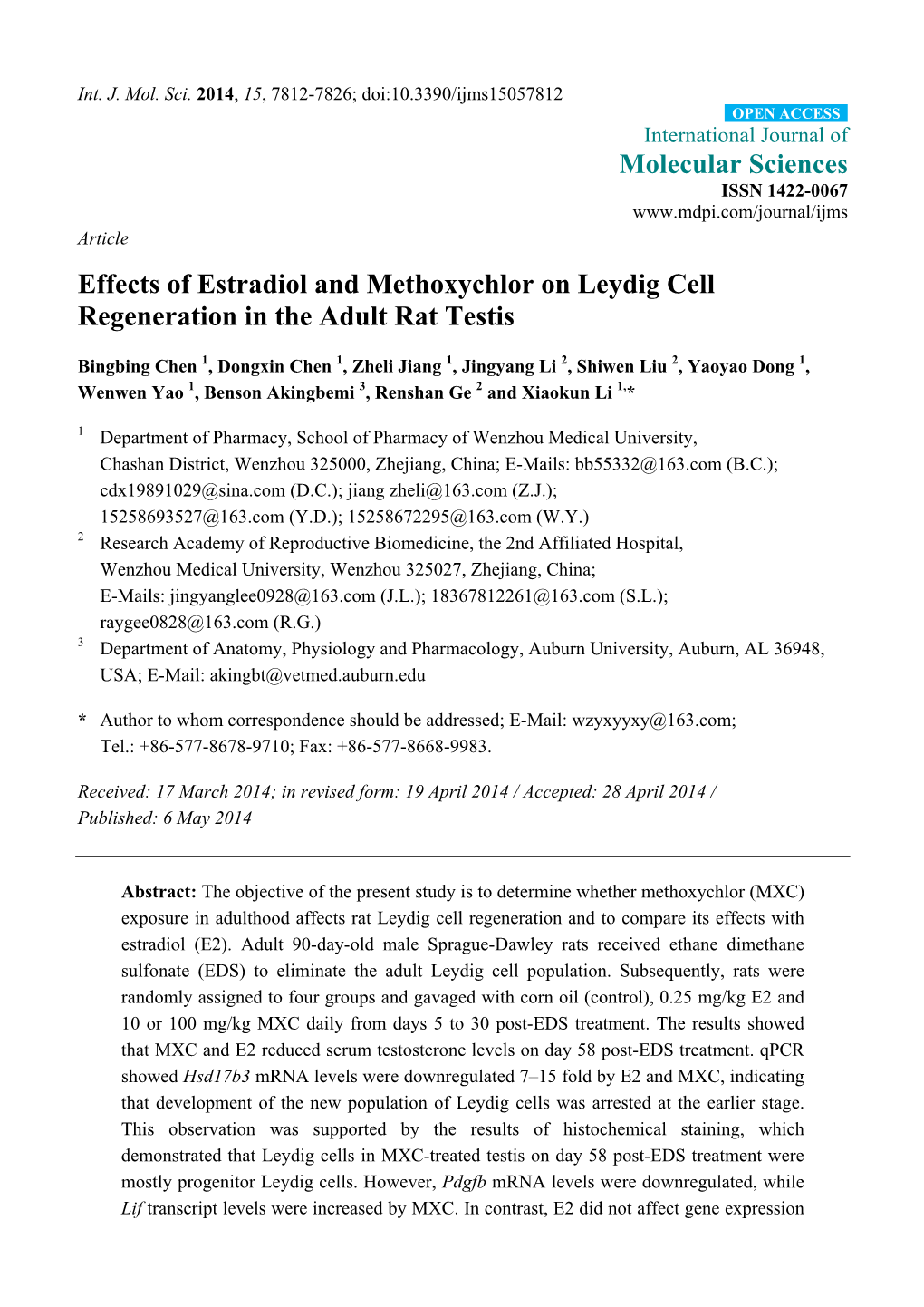 Effects of Estradiol and Methoxychlor on Leydig Cell Regeneration in the Adult Rat Testis