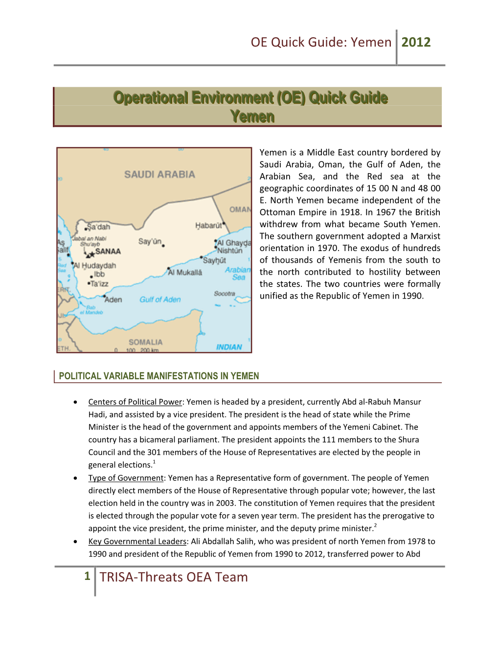 Operational Environment (OE) Quick Guide Yemen