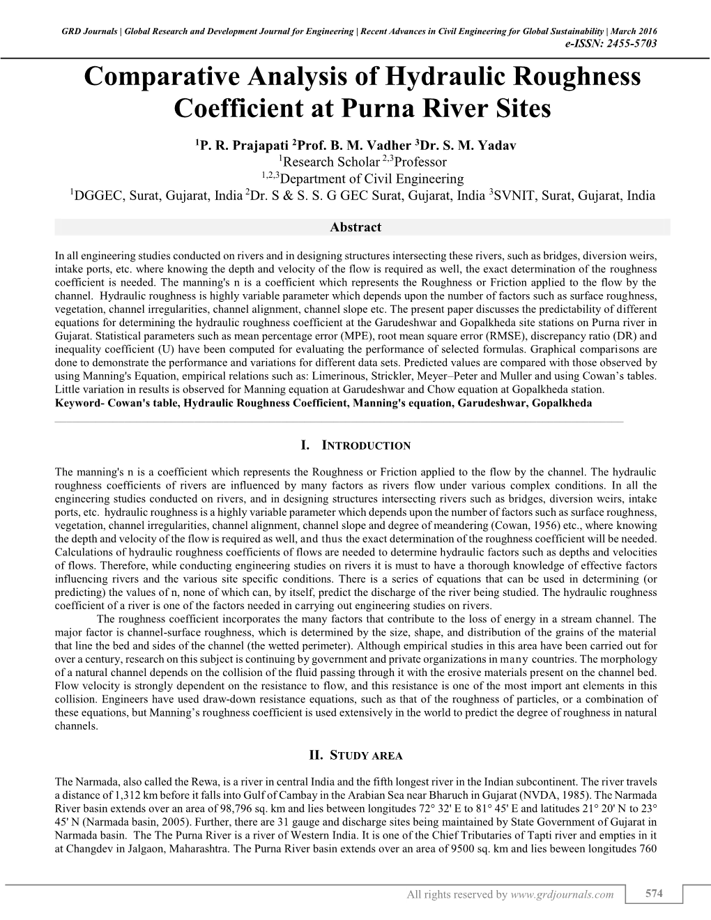 Comparative Analysis of Hydraulic Roughness Coefficient at Purna River Sites (GRDJE / CONFERENCE / RACEGS-2016 / 105)