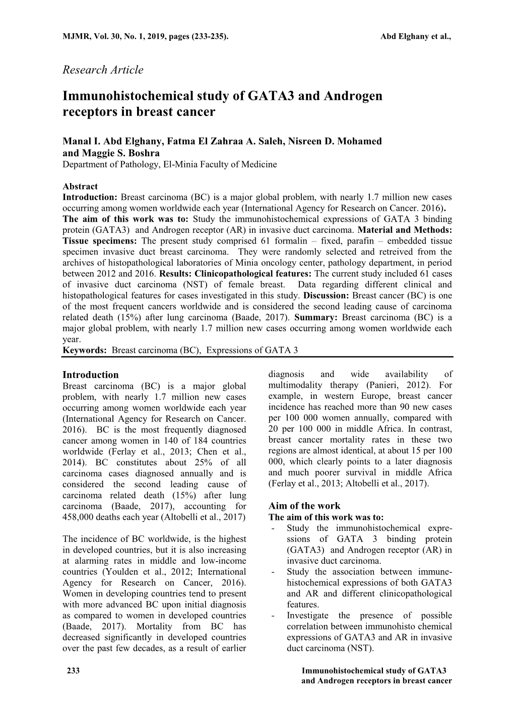 Immunohistochemical Study of GATA3 and Androgen Receptors in Breast Cancer