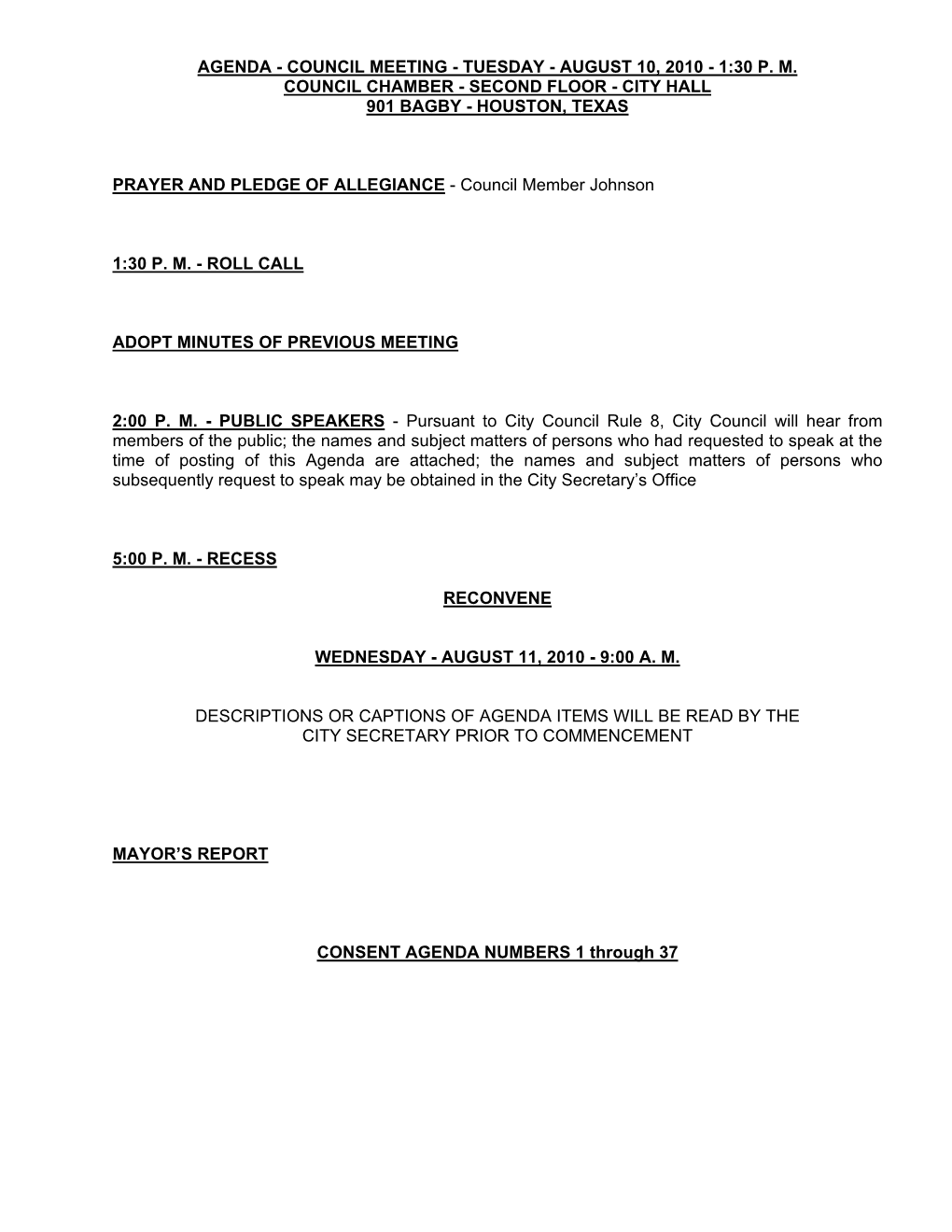 Agenda - Council Meeting - Tuesday - August 10, 2010 - 1:30 P