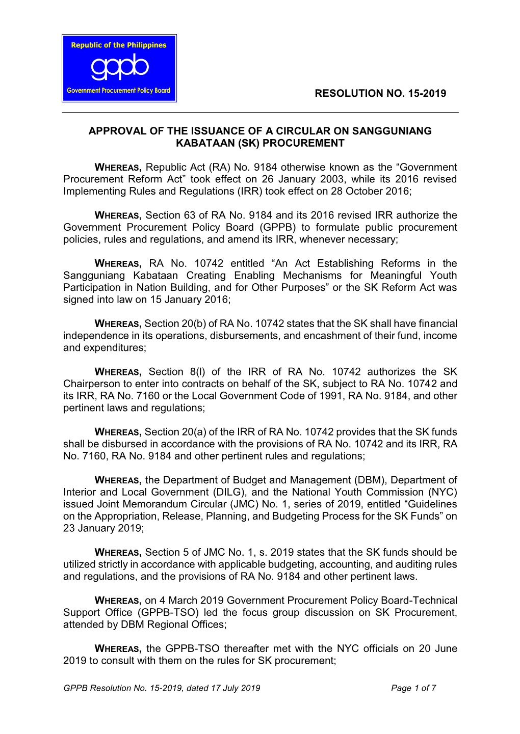 GPPB Resolution No. 15-2019, Dated 17 July 2019 Page 1 of 7