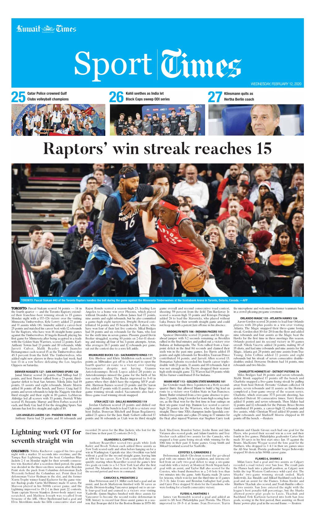 Raptors' Win Streak Reaches 15