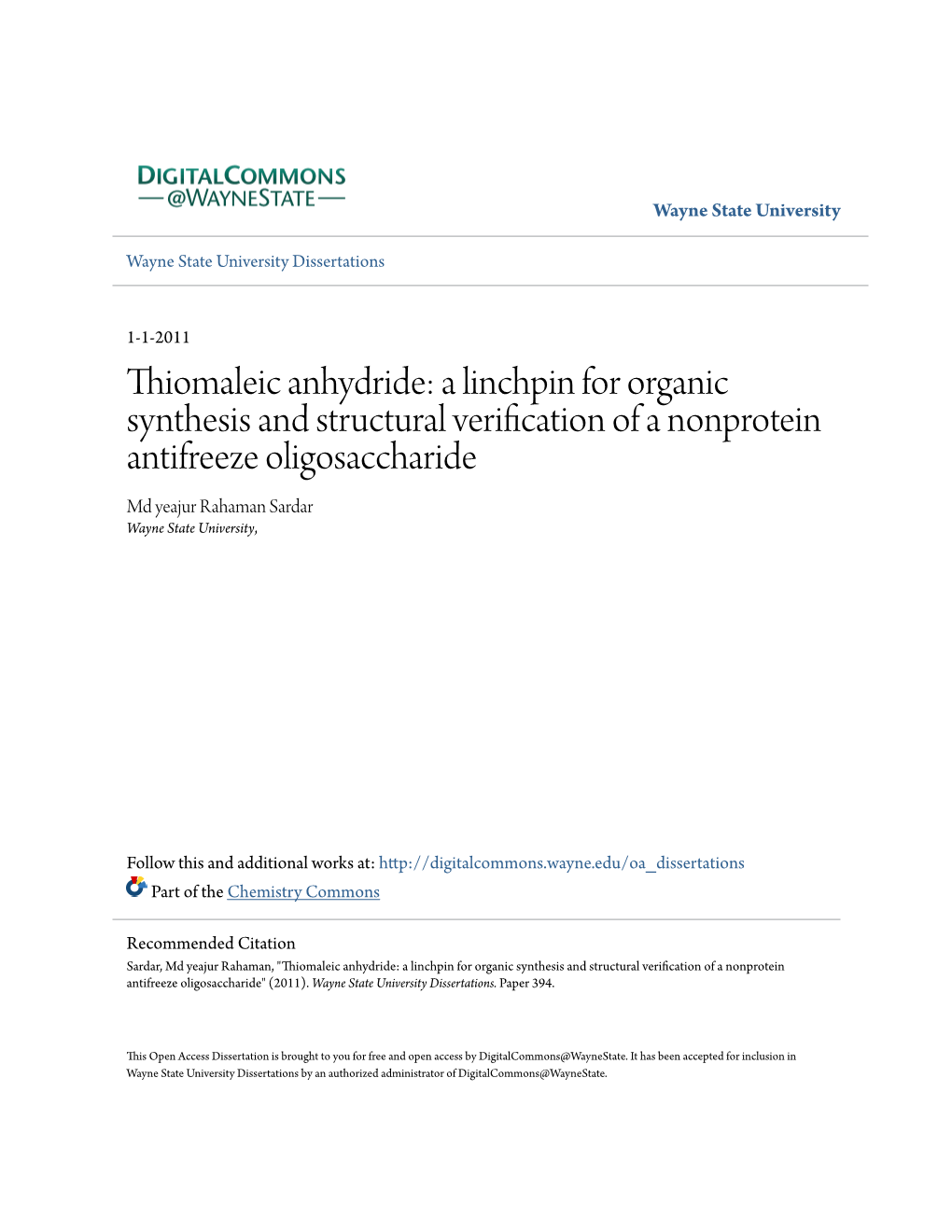 Thiomaleic Anhydride: a Linchpin for Organic Synthesis and Structural Verification of a Nonprotein Antifreeze Oligosaccharide