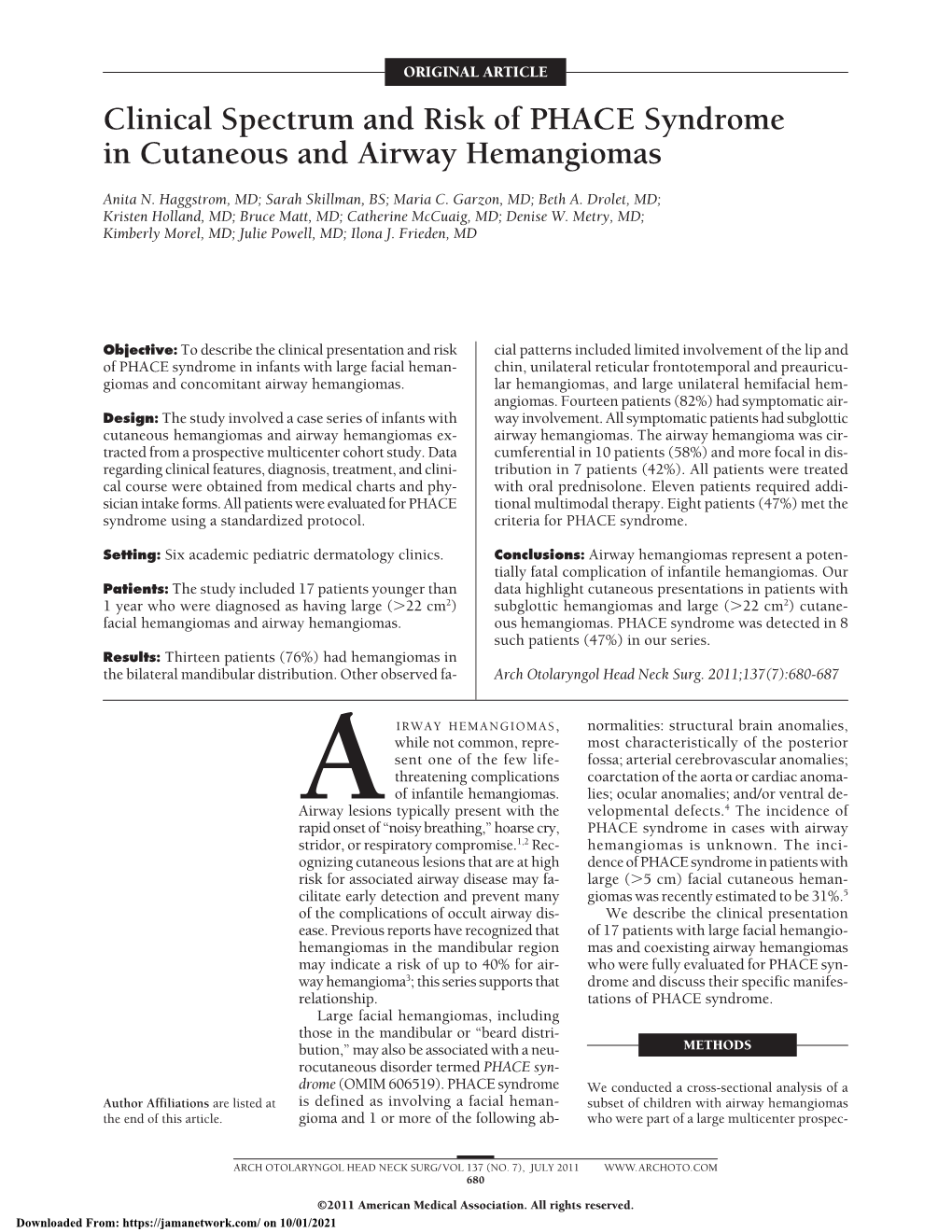 Clinical Spectrum and Risk of PHACE Syndrome in Cutaneous and Airway Hemangiomas