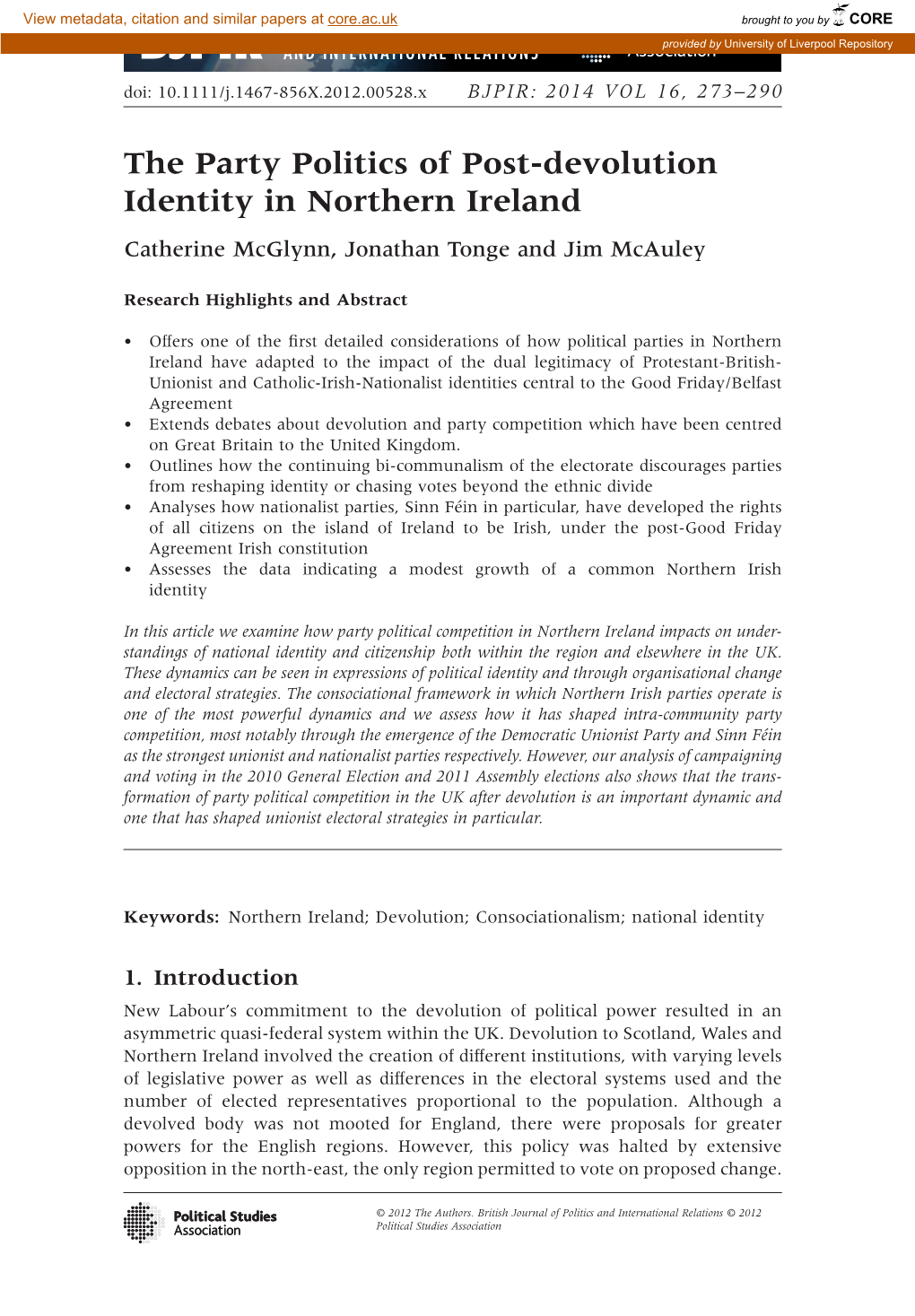 The Party Politics of Postdevolution Identity in Northern Ireland