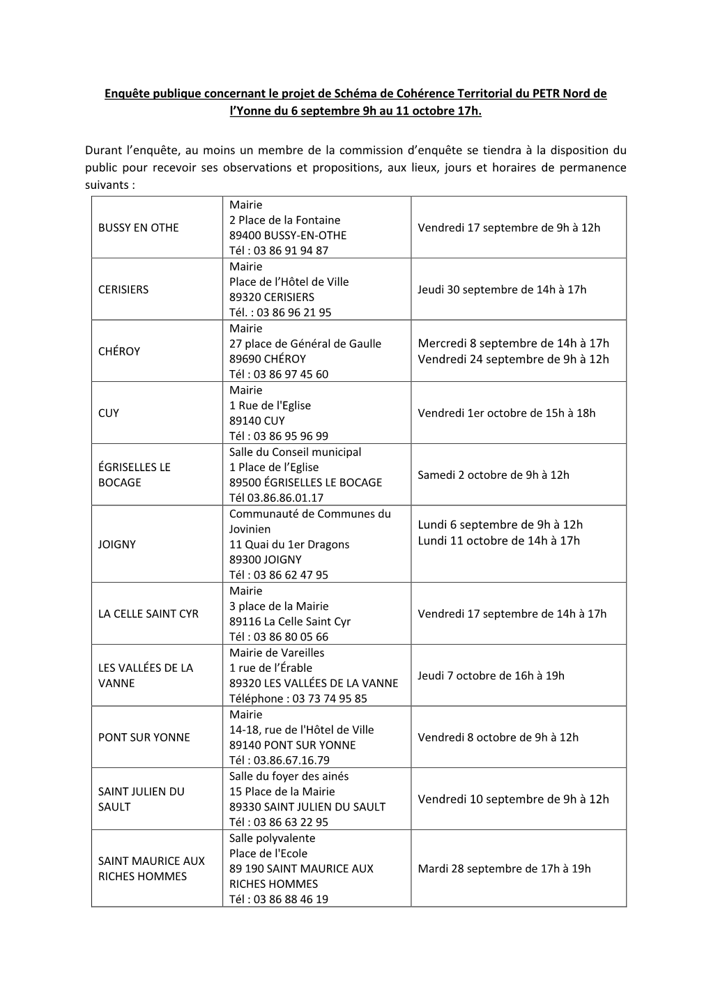 Enquête Publique Concernant Le Projet De Schéma De Cohérence Territorial Du PETR Nord De L’Yonne Du 6 Septembre 9H Au 11 Octobre 17H