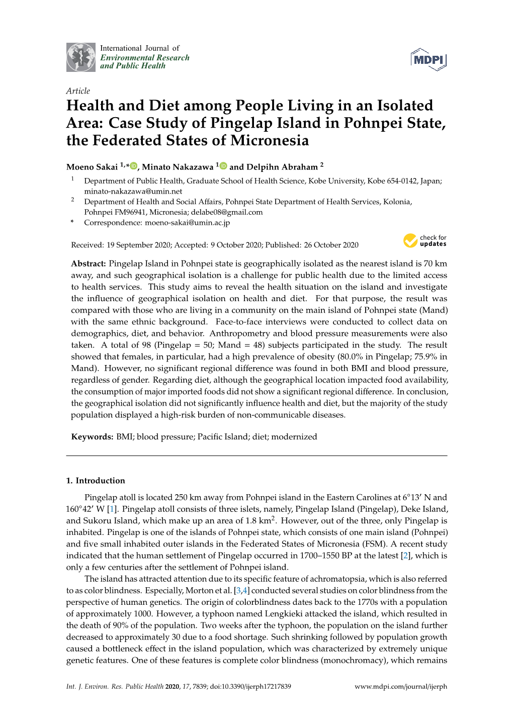 Health and Diet Among People Living in an Isolated Area: Case Study of Pingelap Island in Pohnpei State, the Federated States of Micronesia