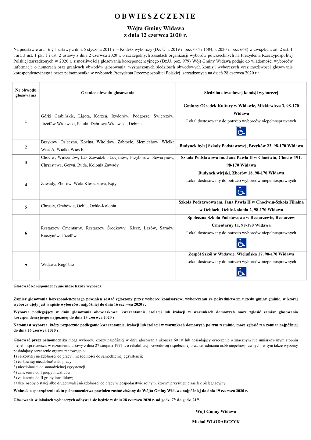 OBWIESZCZENIE Wójta Gminy Widawa Z Dnia 12 Czerwca 2020 R