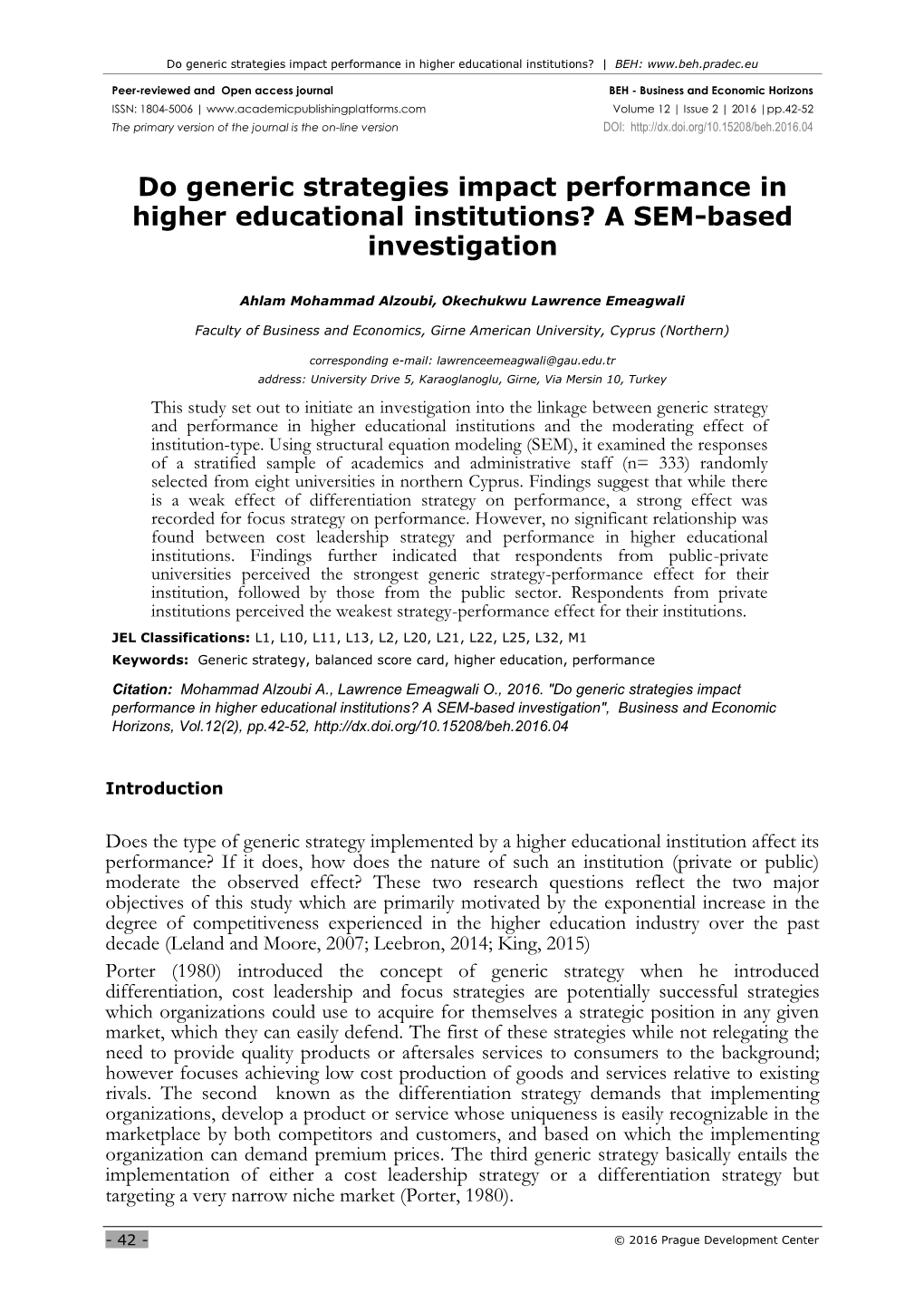 Do Generic Strategies Impact Performance in Higher Educational Institutions? | BEH