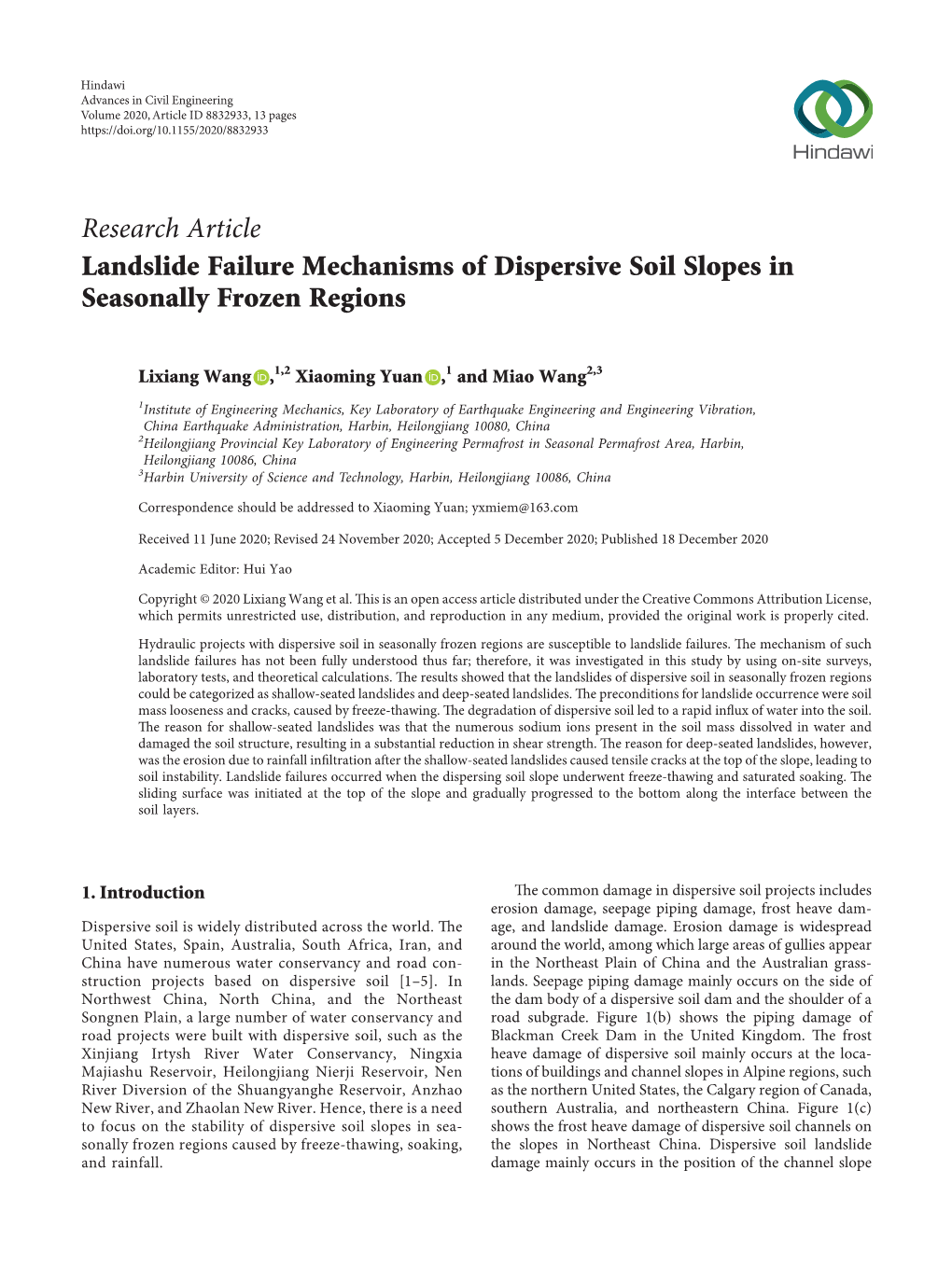 Research Article Landslide Failure Mechanisms of Dispersive Soil Slopes in Seasonally Frozen Regions